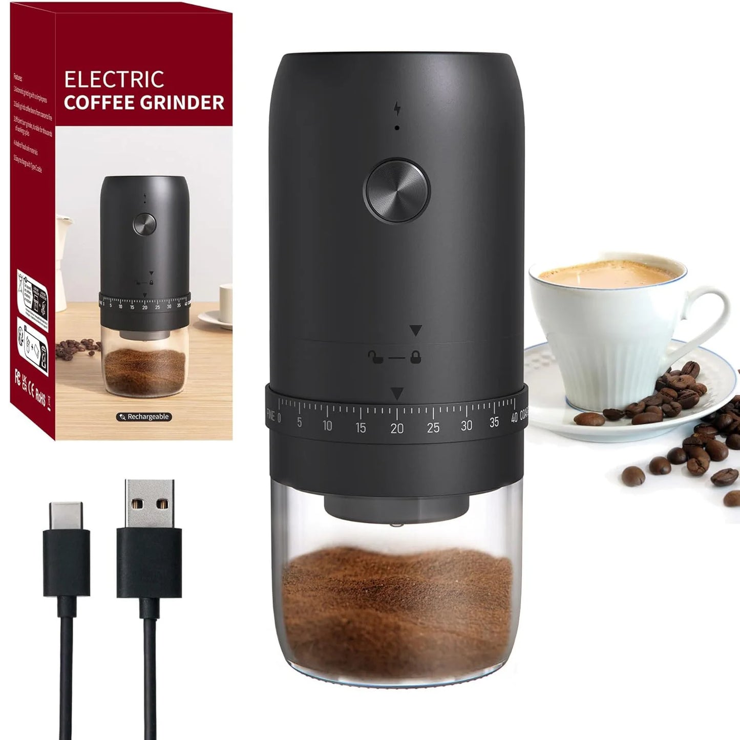 Portable Electric Coffee Grinder – USB Rechargeable Adjustable Burr Grinder for Travel, Camping & Home Brewing